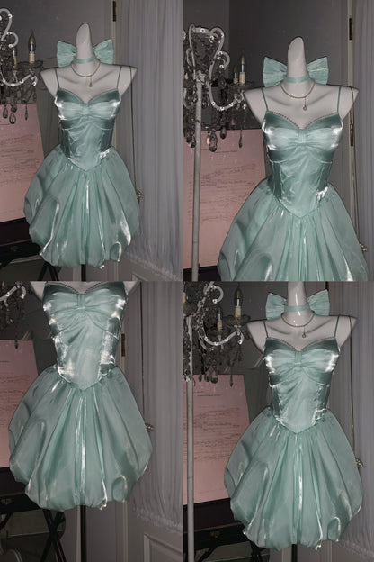 Fairy Satin Puff-Sleeve Mini Dress for Homecoming or Birthday Parties FD054