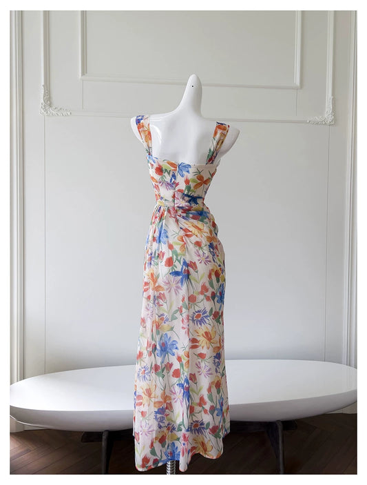 Watercolor Floral Chiffon Maxi Dress, Square Neck Spaghetti Strap Dress F0435
