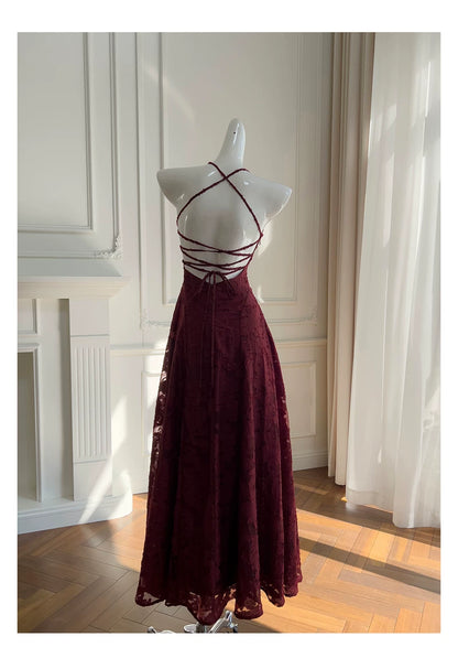 Spaghetti Strap Burgundy Textured Lace Long Evening Dress  F0440