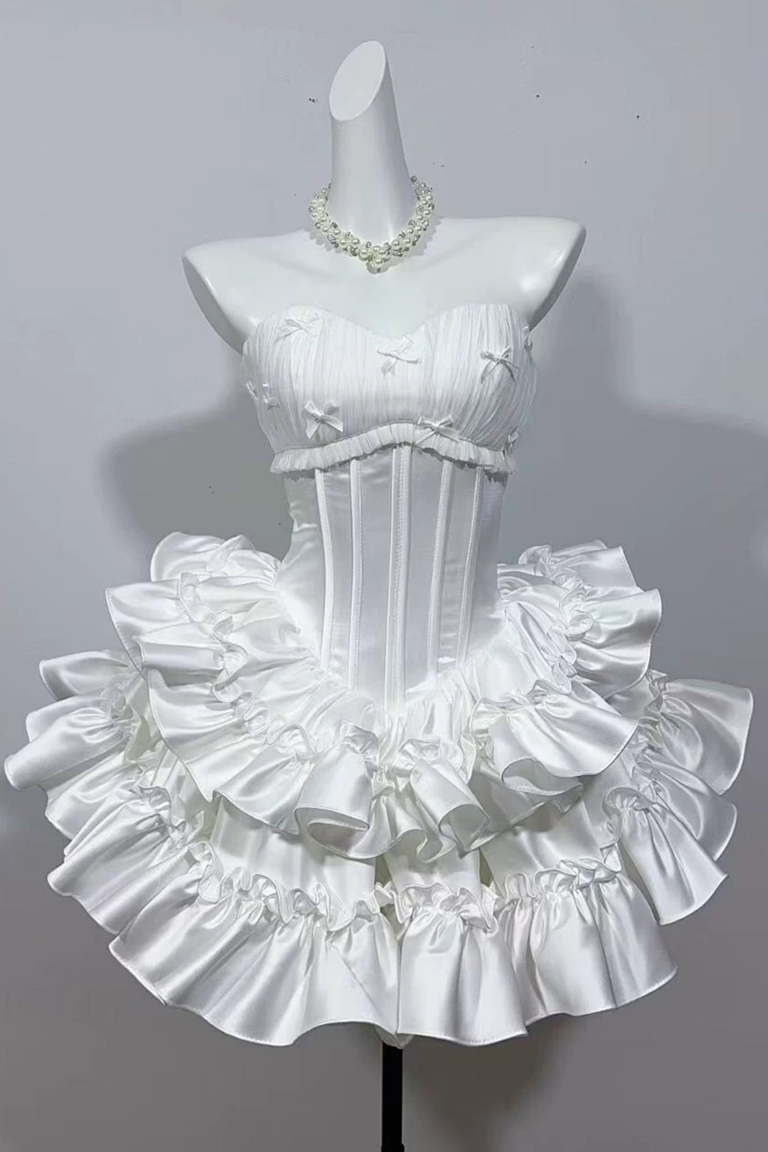 Strapless Ruffled Satin Mini Homecoming Dress With Tiny Bows F0312