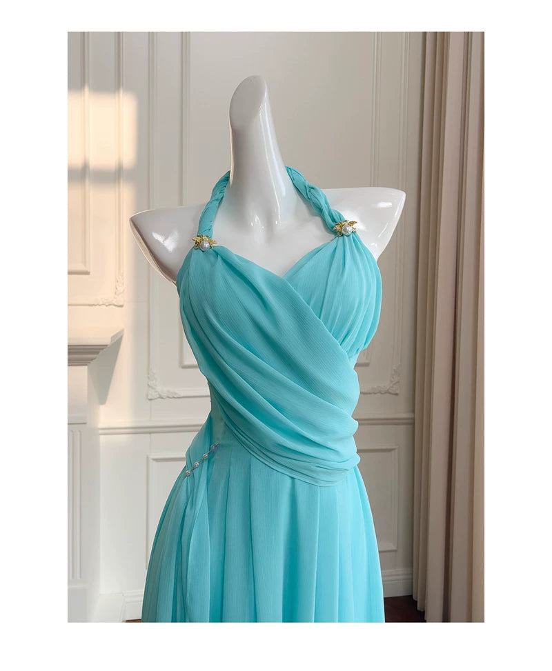 Halter Turquoise Chiffon Midi Evening Dress  F0439