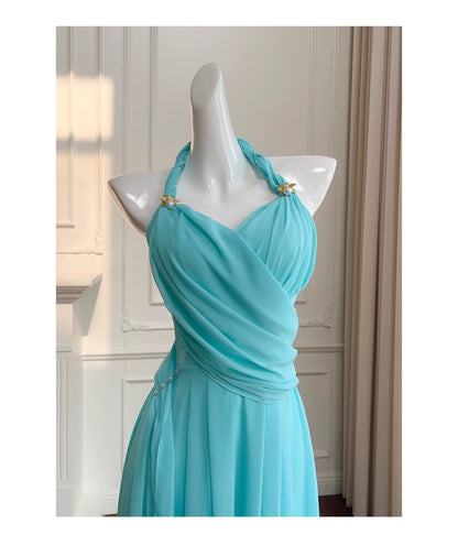 Halter Turquoise Chiffon Midi Evening Dress  F0439
