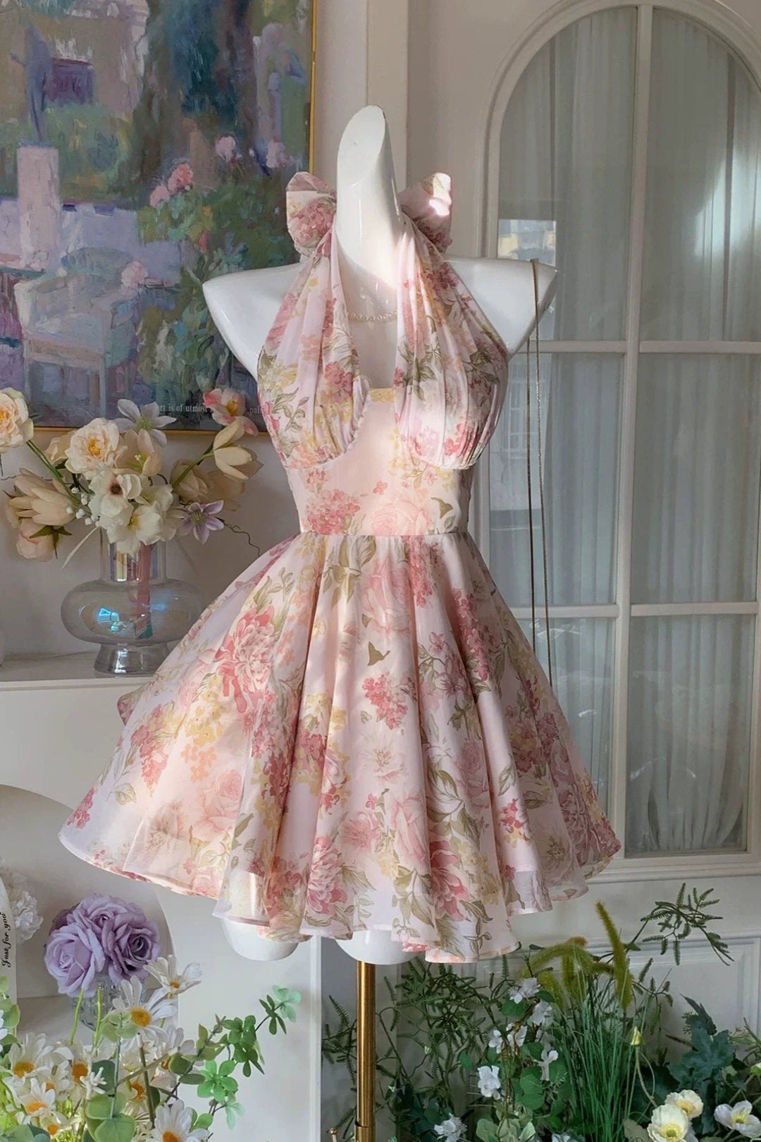 Pink Floral Halter Mini Dress, Vintage Garden Party  F0038