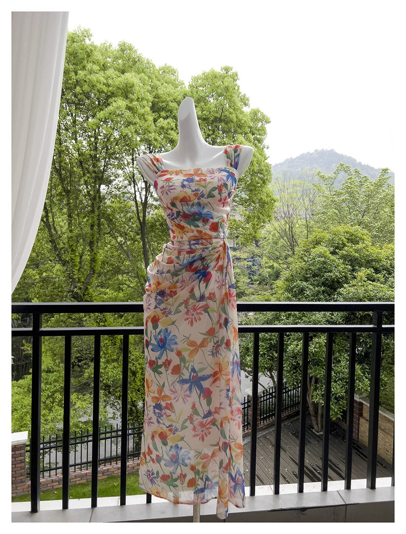 Watercolor Floral Chiffon Maxi Dress, Square Neck Spaghetti Strap Dress F0435