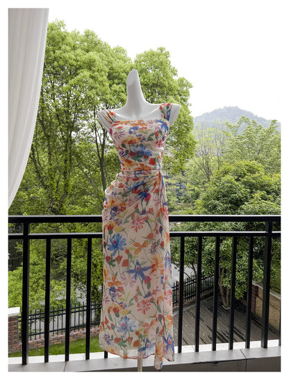 Watercolor Floral Chiffon Maxi Dress, Square Neck Spaghetti Strap Dress F0435