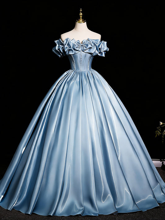 Elegant Blue Off-the-Shoulder Satin Ball Gown with Bow and Pearl Detail, Luxury Corset Prom Dress for Women, Formal Evening Gown for Quinceanera, Pageant and Wedding Floral020