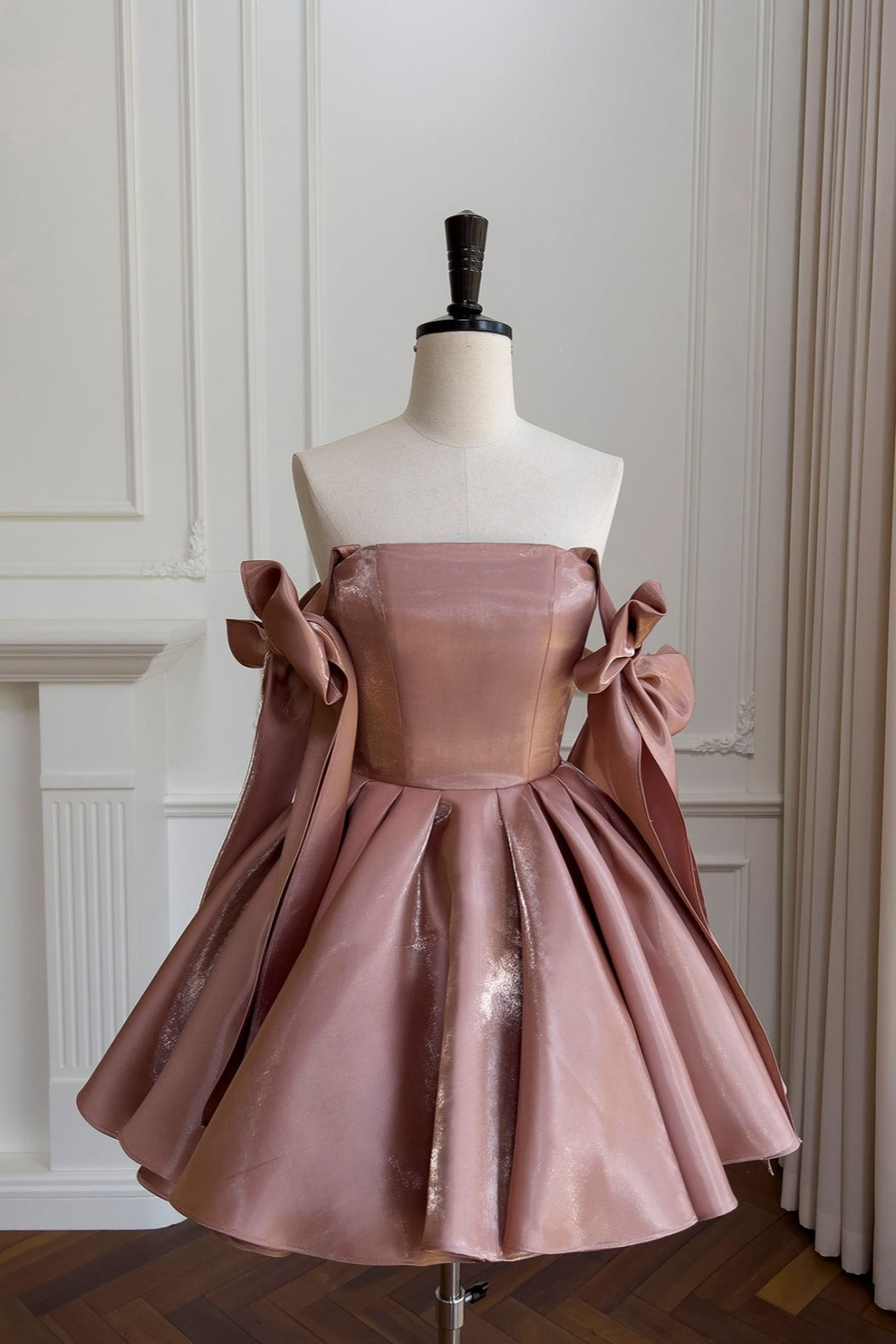 Gorgeous square neck shiny satin mini dress with big shoulder bows, puffy short dress F0287