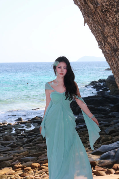 Custom Mint Halter Draped Mesh Maxi Dress Beach Wedding Guest Long Evening Gown Elegant Vacation Outfit Floral052