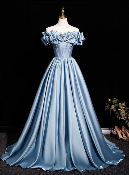 Elegant Blue Off-the-Shoulder Satin Ball Gown with Bow and Pearl Detail, Luxury Corset Prom Dress for Women, Formal Evening Gown for Quinceanera, Pageant and Wedding Floral020