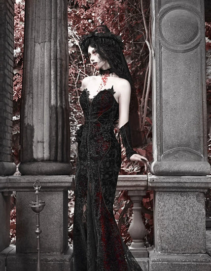 Black Red Gothic Mermaid Gown Halloween Vampire Party Dress F0496
