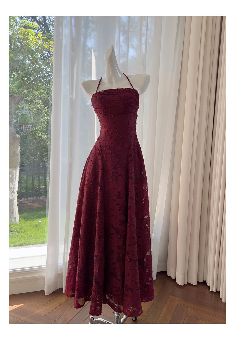 Spaghetti Strap Burgundy Textured Lace Long Evening Dress  F0440