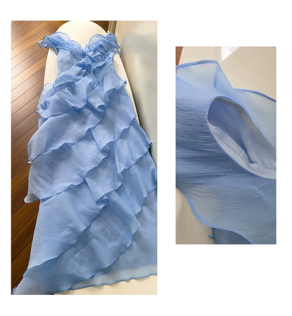 Light Blue V Neck Ruffle Long Evening Dress F0446