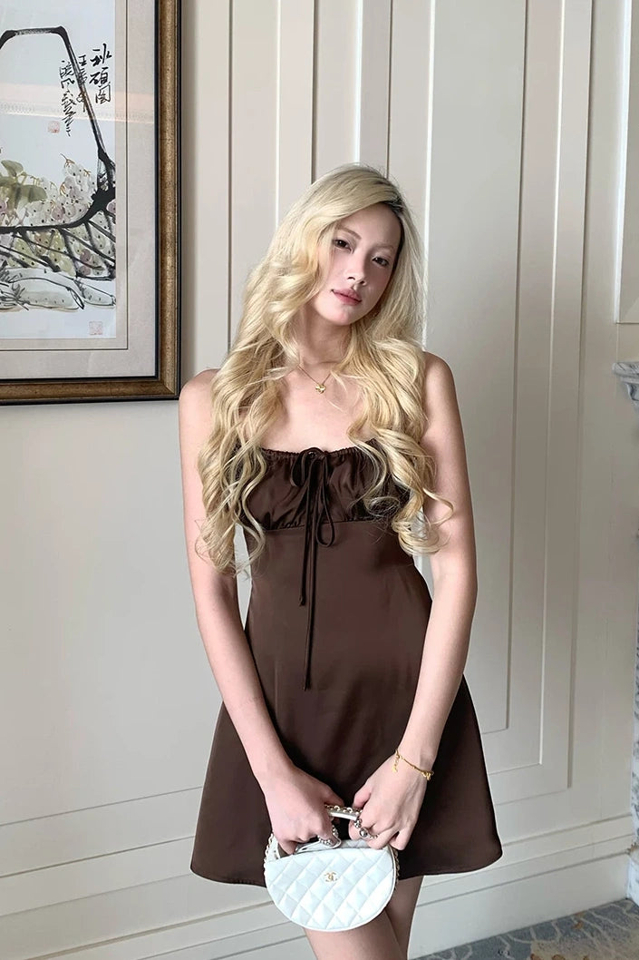 Brown Satin Slip Mini Dress Drawstring Bust Party Homecoming Dress F062