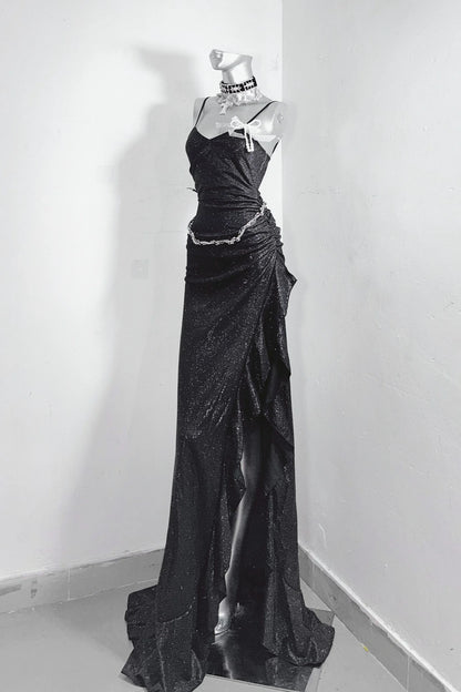 Elegant black glitter mermaid dress with thin spaghetti straps, side ruched waist and asymmetrical ruffle high slit floor-length Dress  F0285