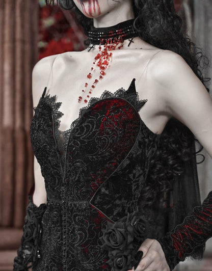 Black Red Gothic Mermaid Gown Halloween Vampire Party Dress F0496