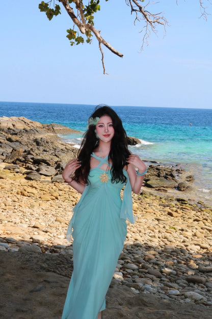 Custom Mint Halter Draped Mesh Maxi Dress Beach Wedding Guest Long Evening Gown Elegant Vacation Outfit Floral052