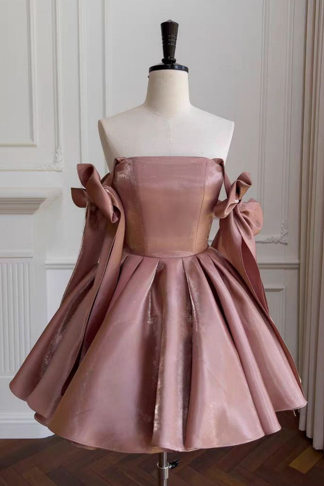 Gorgeous square neck shiny satin mini dress with big shoulder bows, puffy short dress F0287