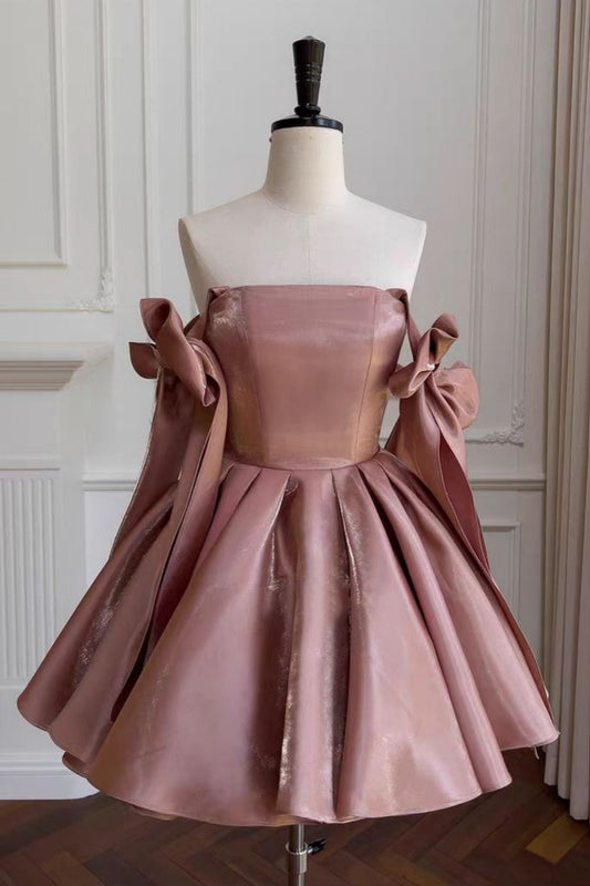 Gorgeous square neck shiny satin mini dress with big shoulder bows, puffy short dress F0287