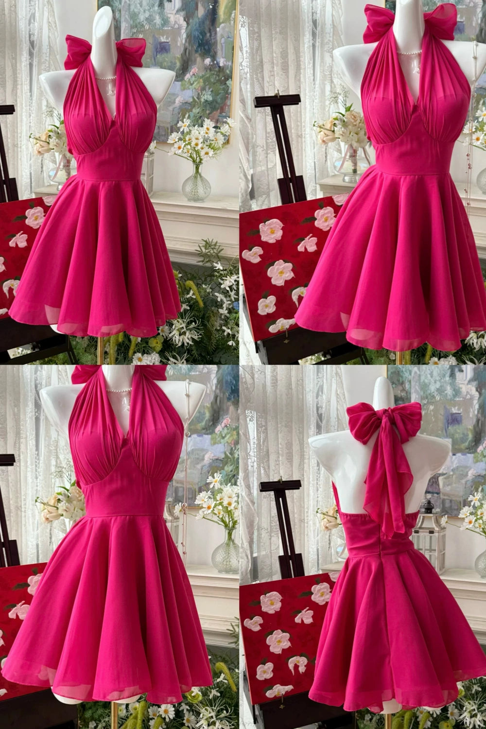 Halter Bow Chiffon Mini Dress, Homecoming Party A-Line Gown F055
