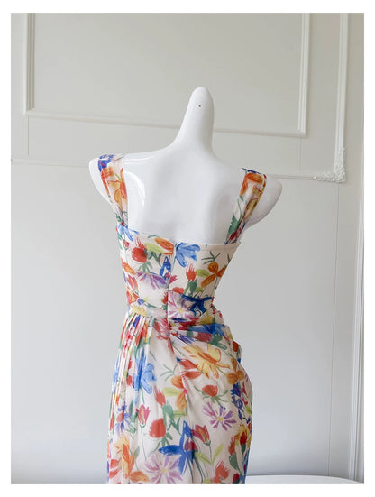 Watercolor Floral Chiffon Maxi Dress, Square Neck Spaghetti Strap Dress F0435