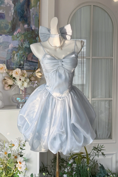Fairy Satin Puff-Sleeve Mini Dress for Homecoming or Birthday Parties FD054