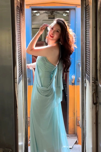 Custom Mint Halter Draped Mesh Maxi Dress Beach Wedding Guest Long Evening Gown Elegant Vacation Outfit Floral052