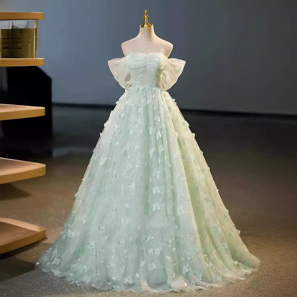 Mint Green Off-the-Shoulder Prom Dress 3D Butterfly Tulle Ball Gown for Women, Formal Evening Gown Floral017