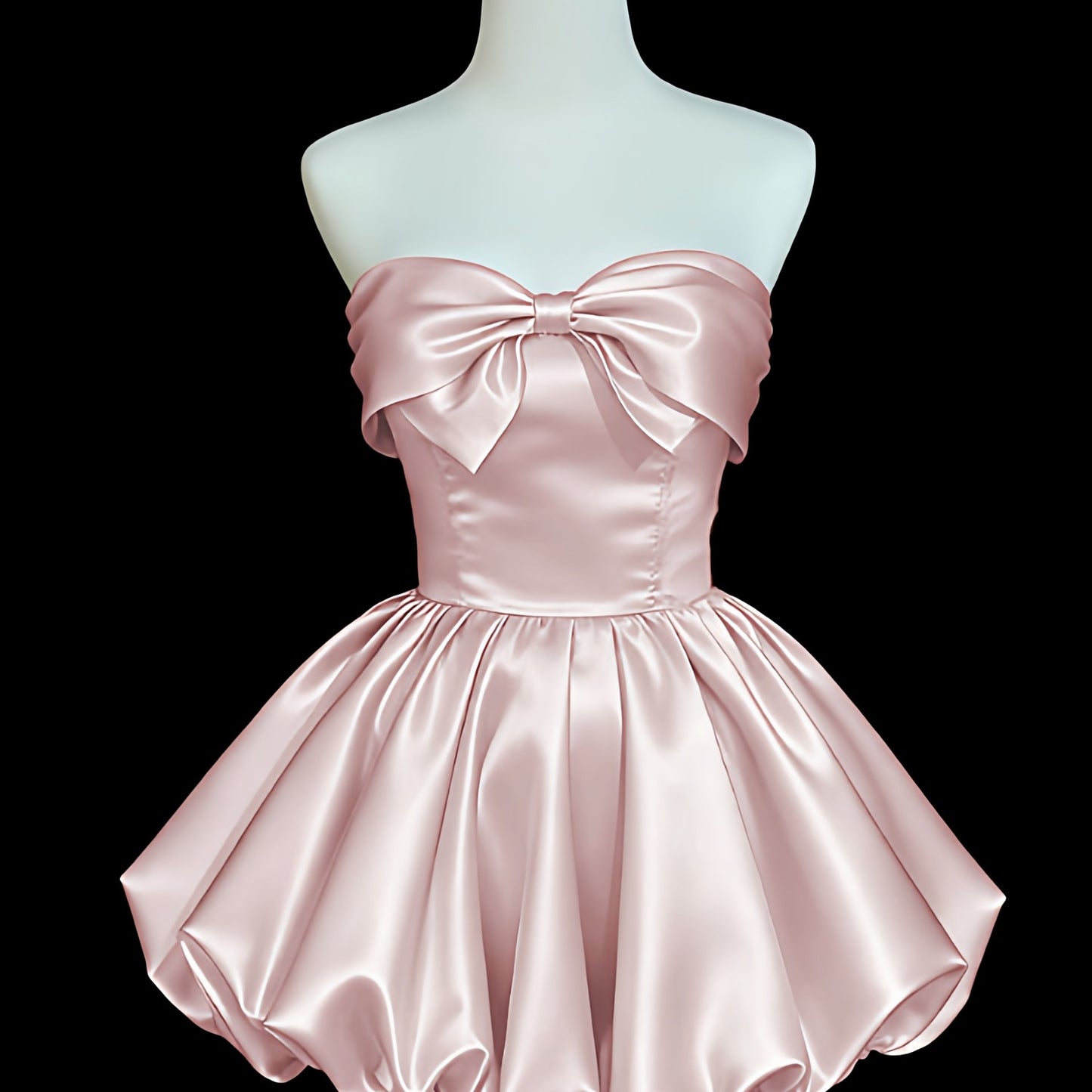 Pink Satin Strapless Bubble Hem Short Prom Dress, Lace Up Back Princess Mini Dress for Birthday Party Floral-014