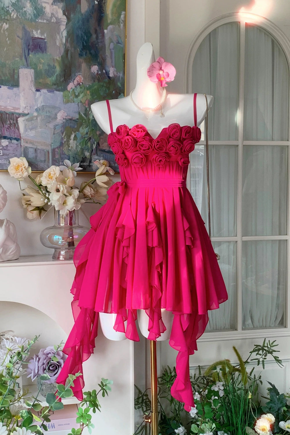 Fuchsia 3D Rose Spaghetti Strap Mini Dress, Irregular Ruffle Chiffon Party Homecoming Gown F057