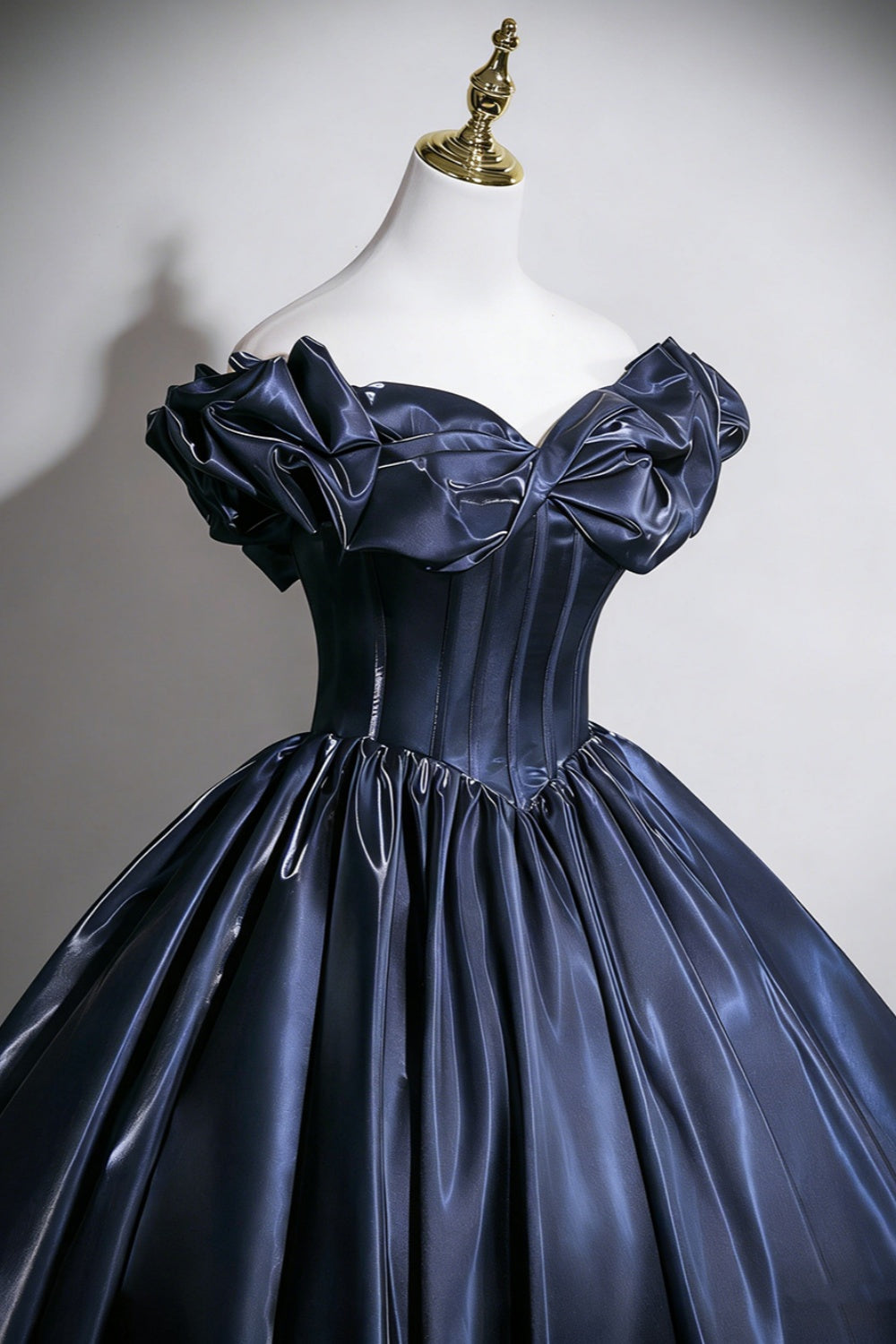Navy Blue Off-the-Shoulder Ball Gown Satin Corset Prom Dress for Women, Formal Evening Gown Floral018