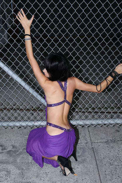 Purple Halter Cutout Rhinestone Mesh Evening Gown Open Back Draped Maxi Dress L045