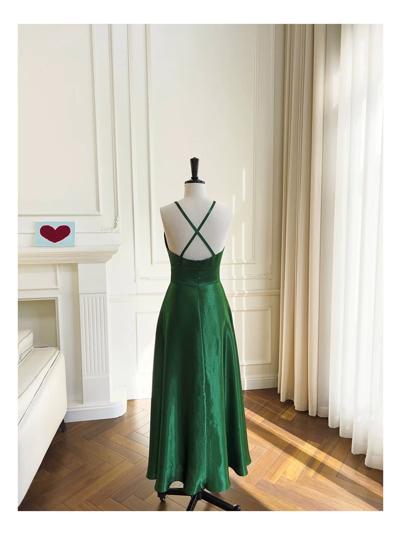 Emerald Green Satin Halter Maxi Dress, Cross Back Formal Evening Gown F0436