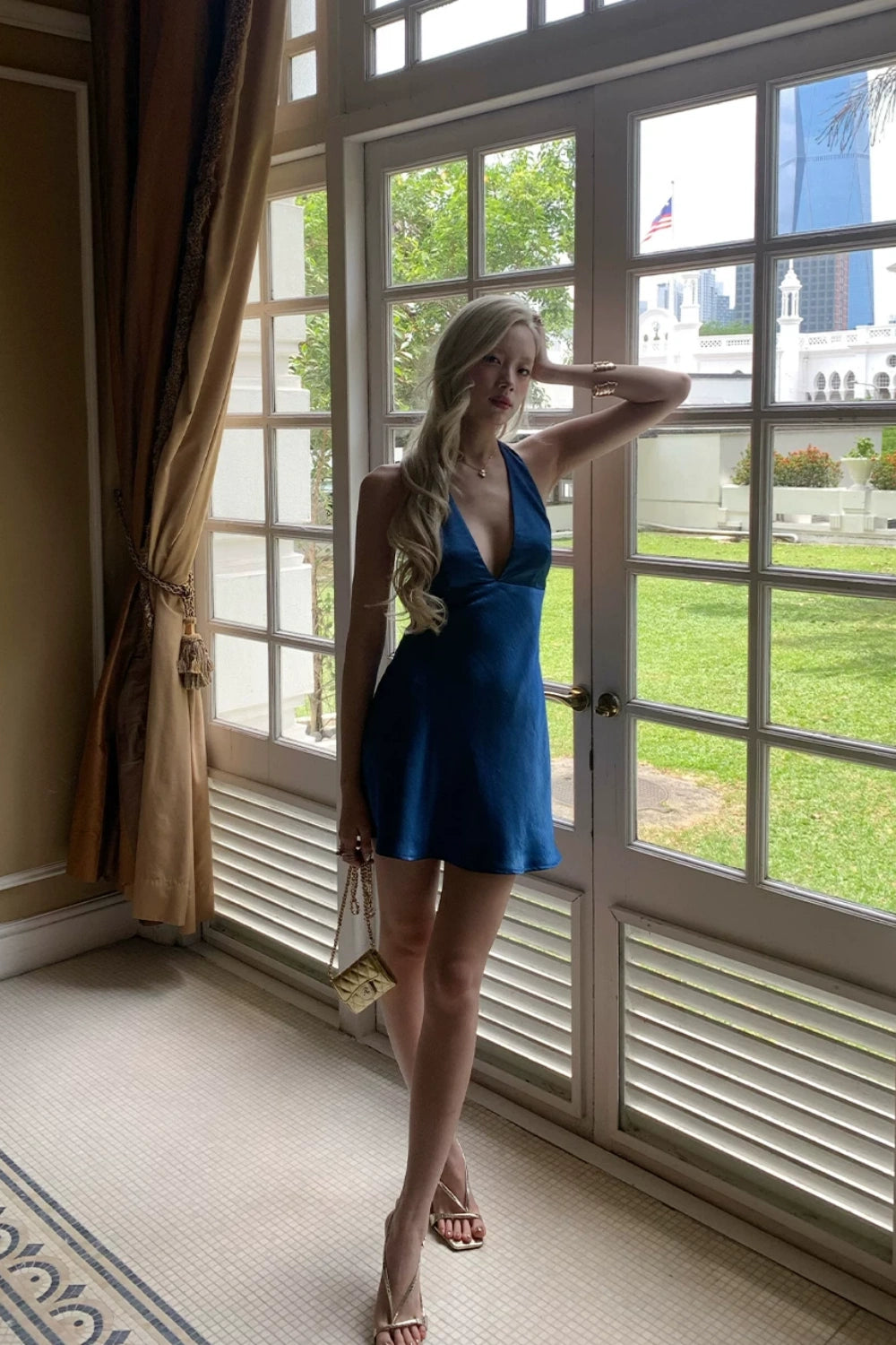 Open Back Satin Halter Mini Dress with Back Bow, Cocktail Party Dress F059