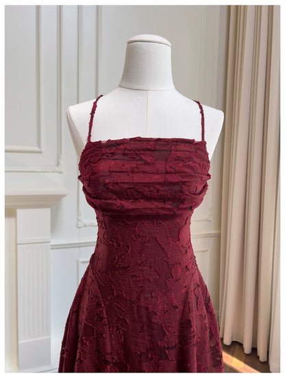 Spaghetti Strap Burgundy Textured Lace Long Evening Dress  F0440