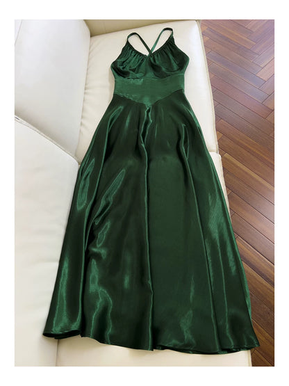 Emerald Green Satin Halter Maxi Dress, Cross Back Formal Evening Gown F0436