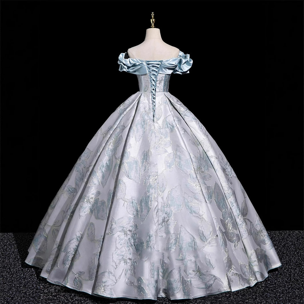 Vintage Ice Blue Off the Shoulder Ball Gown Satin Ruffle Jacquard Princess Evening Gown Floral016