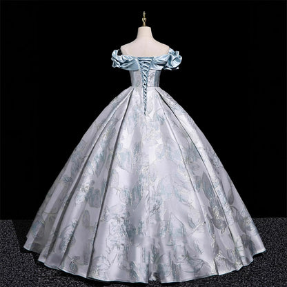 Vintage Ice Blue Off the Shoulder Ball Gown Satin Ruffle Jacquard Princess Evening Gown Floral016