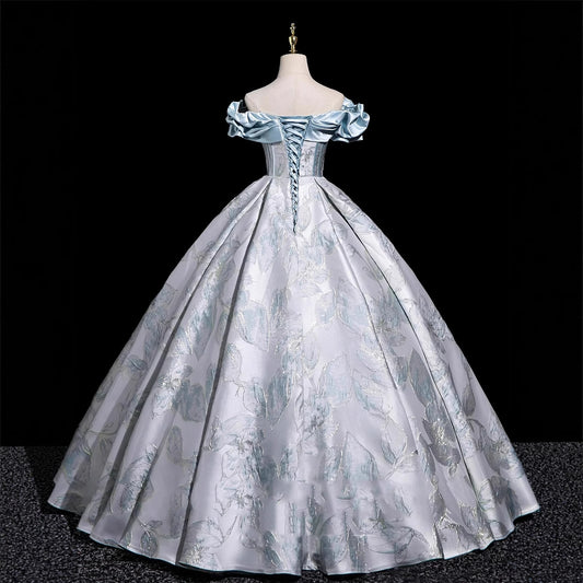 Vintage Ice Blue Off the Shoulder Ball Gown Satin Ruffle Jacquard Princess Evening Gown Floral016