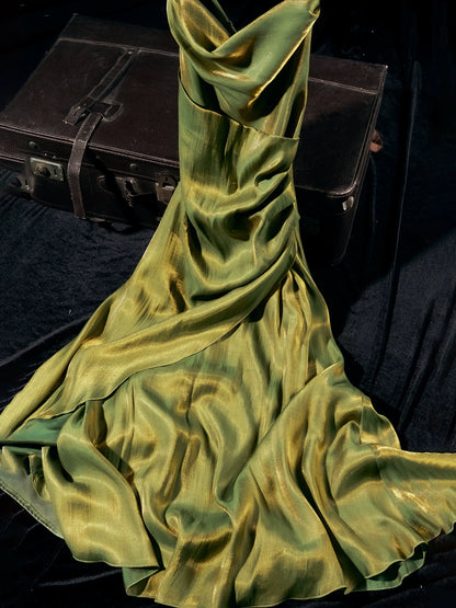 Metallic Satin Cowl Neck Midi Dress Ruched Formal Homecoming Party Gown F0120