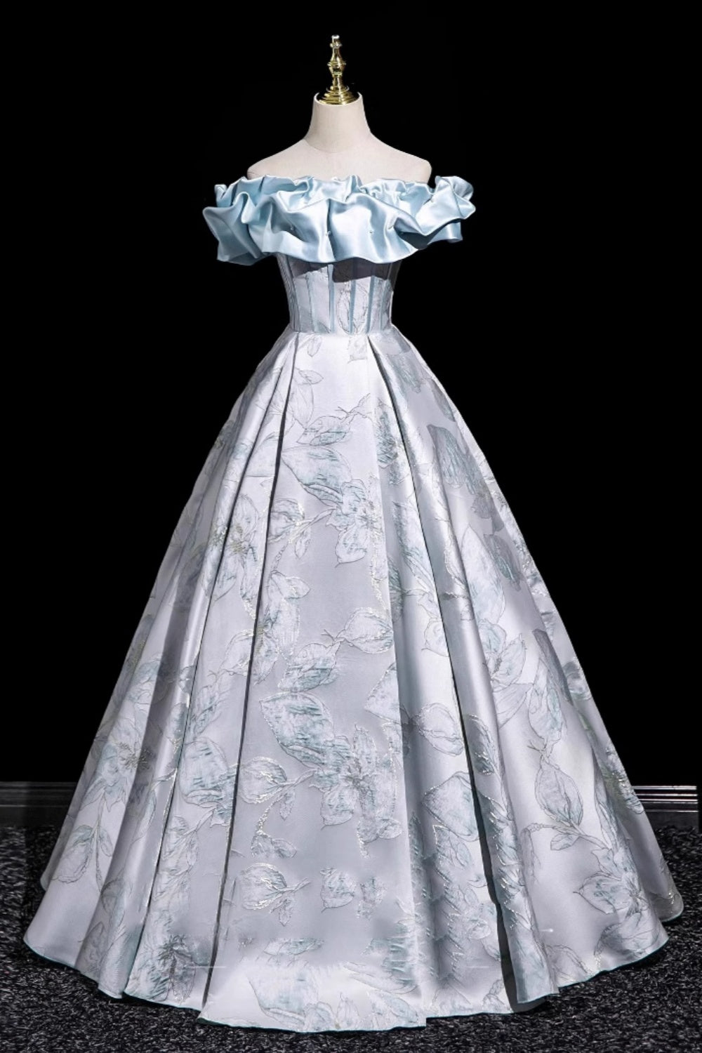 Vintage Ice Blue Off the Shoulder Ball Gown Satin Ruffle Jacquard Princess Evening Gown Floral016
