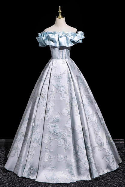 Vintage Ice Blue Off the Shoulder Ball Gown Satin Ruffle Jacquard Princess Evening Gown Floral016