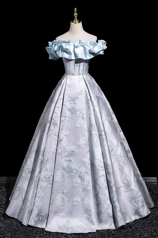 Vintage Ice Blue Off the Shoulder Ball Gown Satin Ruffle Jacquard Princess Evening Gown Floral016