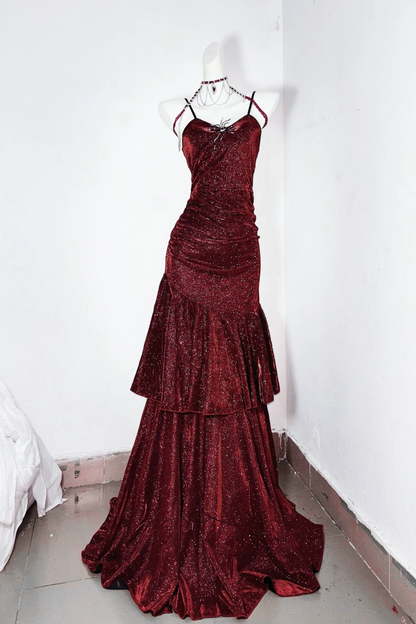Sparkly Burgundy Mermaid Spaghetti Strap Evening Dress F0284