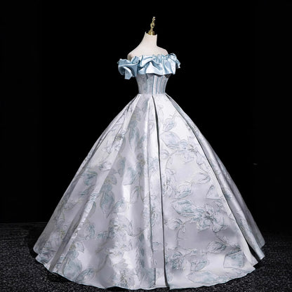 Vintage Ice Blue Off the Shoulder Ball Gown Satin Ruffle Jacquard Princess Evening Gown Floral016