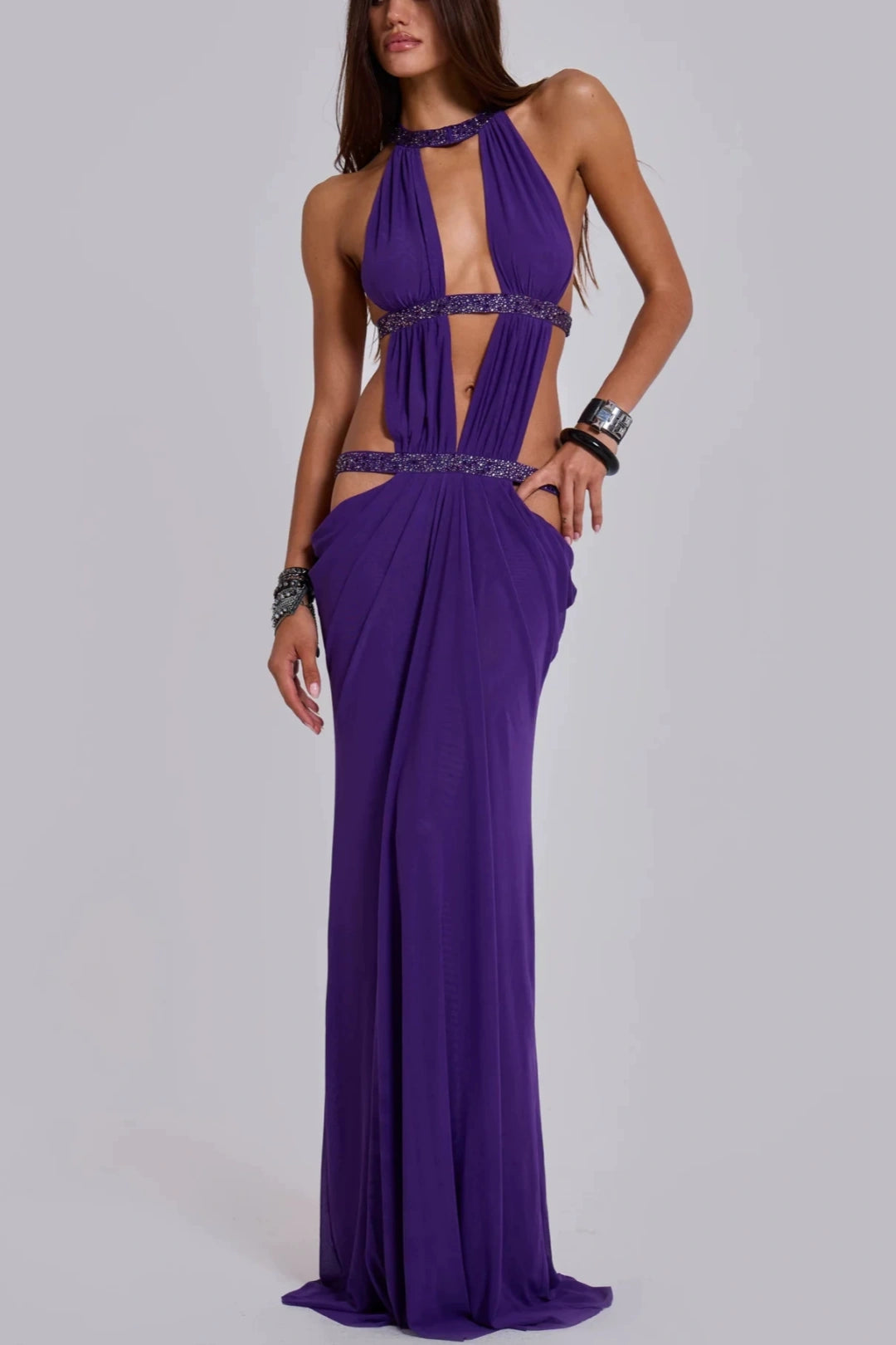 Purple Halter Cutout Rhinestone Mesh Evening Gown Open Back Draped Maxi Dress L045