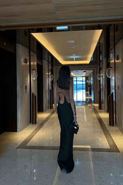 Women Luxury Satin Mermaid Evening Gown Rhinestone Grid Strap Open Back Floor Length Long Dress For Dinner Banquet Gala F064