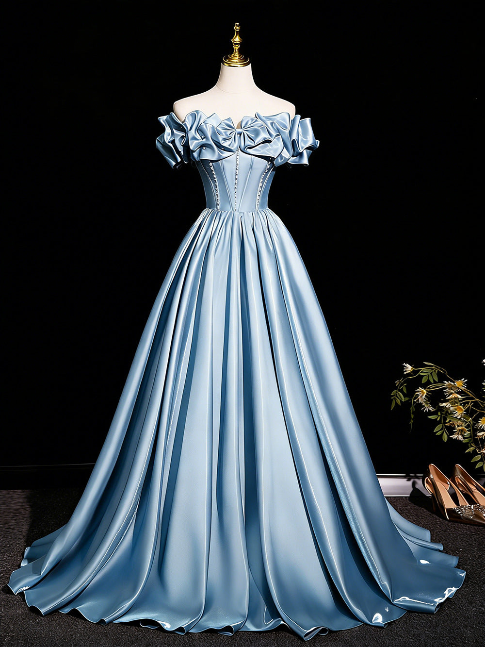 Elegant Blue Off-the-Shoulder Satin Ball Gown with Bow and Pearl Detail, Luxury Corset Prom Dress for Women, Formal Evening Gown for Quinceanera, Pageant and Wedding Floral020