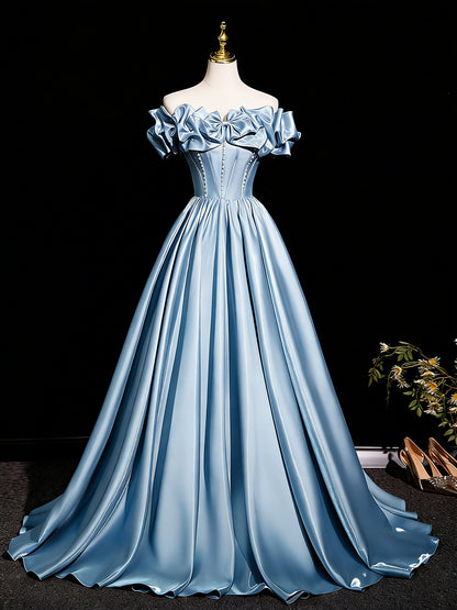 Elegant Blue Off-the-Shoulder Satin Ball Gown with Bow and Pearl Detail, Luxury Corset Prom Dress for Women, Formal Evening Gown for Quinceanera, Pageant and Wedding Floral020