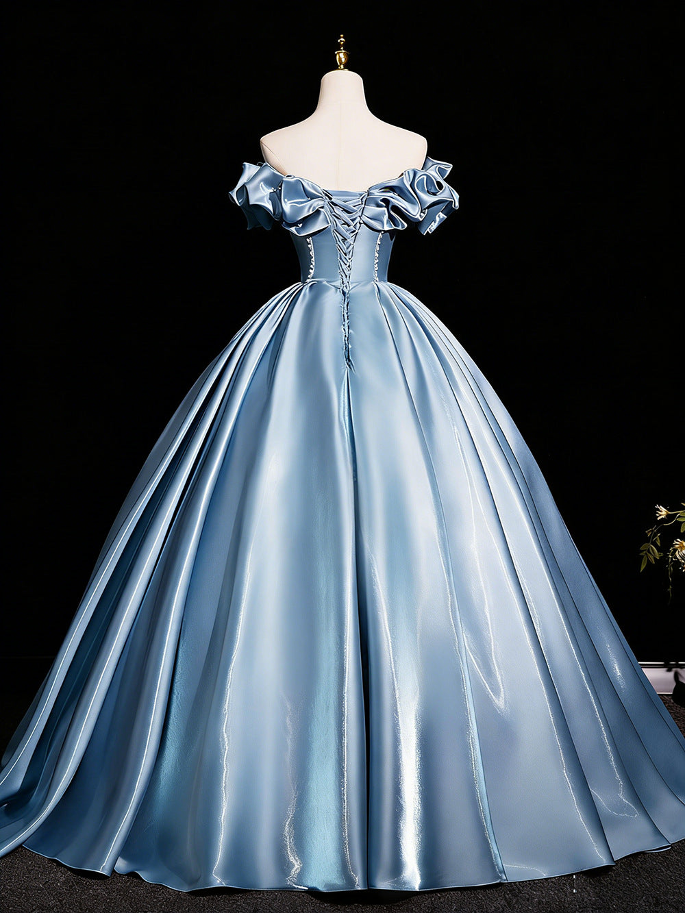 Elegant Blue Off-the-Shoulder Satin Ball Gown with Bow and Pearl Detail, Luxury Corset Prom Dress for Women, Formal Evening Gown for Quinceanera, Pageant and Wedding Floral020