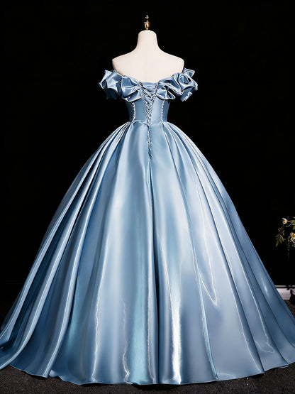 Elegant Blue Off-the-Shoulder Satin Ball Gown with Bow and Pearl Detail, Luxury Corset Prom Dress for Women, Formal Evening Gown for Quinceanera, Pageant and Wedding Floral020